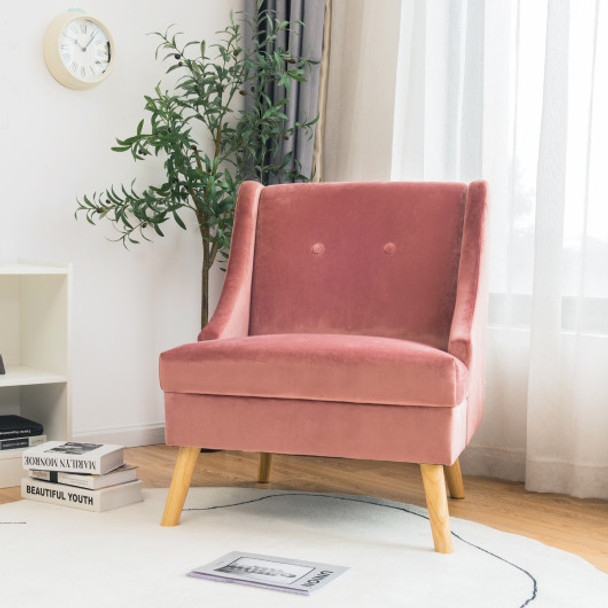 Velvet Wingback Armchair with Rubber Wood Legs-Pink