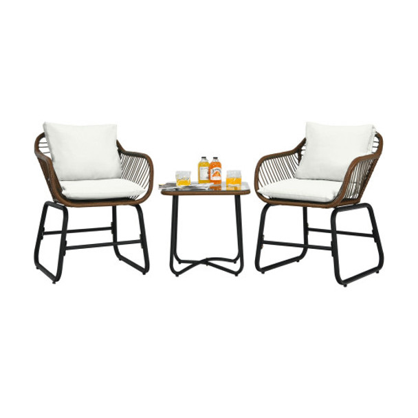3 Pieces Patio Rattan Bistro Set Cushioned Chair Glass Table Deck-White