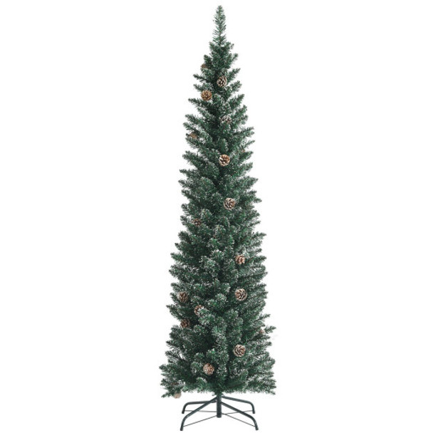 Snowy Artificial Pencil Christmas Tree with Pine Cones-6 ft