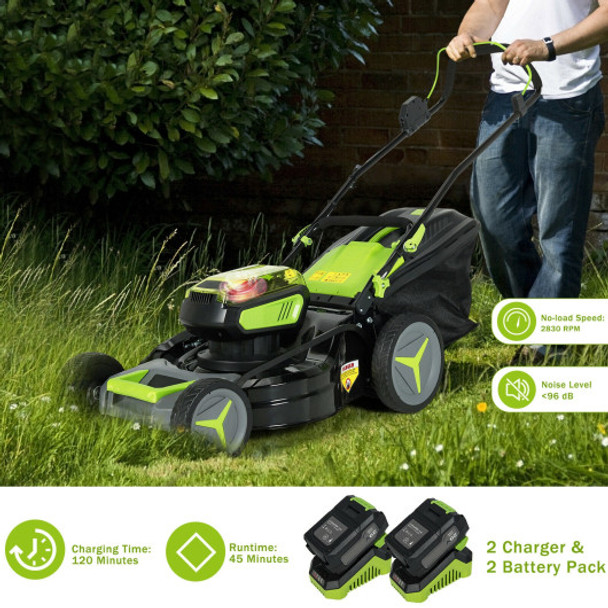 40V 18 Inch Brushless Cordless Push Lawn Mower 4.0Ah Batteries and 2 Chargers-Green