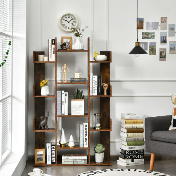 Bookshelf Tree-Shaped Bookcase with 13 Storage Shelf-Brown