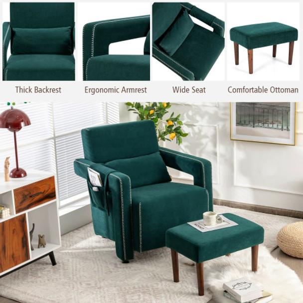 Modern Berber Fleece Single Sofa Chair with Ottoman and Waist Pillow-Green