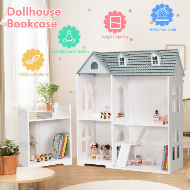 2-Tier Dollhouse Bookcase with Sufficient Storage Space-Gray