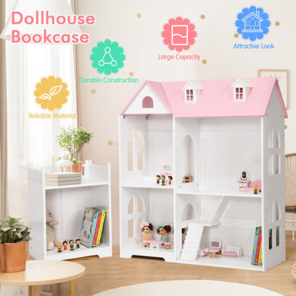 2-Tier Dollhouse Bookcase with Sufficient Storage Space-Pink