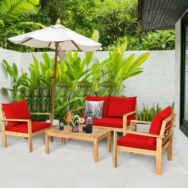 4 Pieces Patio Acacia Wood Thick Cushion Loveseat Sofa Set-Red