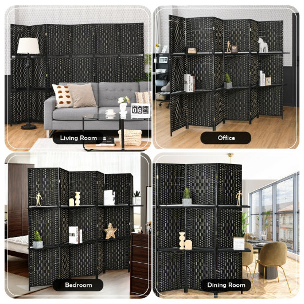 6 Panel Folding Weave Fiber Room Divider with 2 Display Shelves -Black