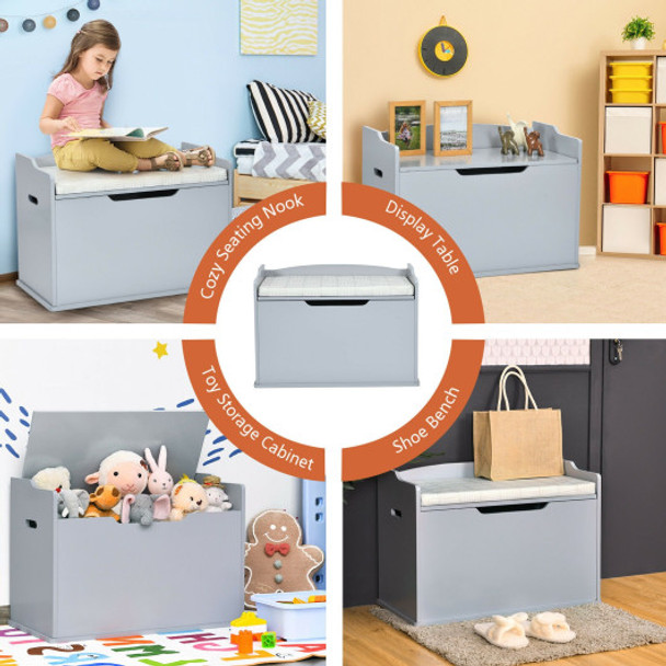Kids Toy Wooden Flip-top Storage Box Chest Bench with Cushion Hinge-Gray