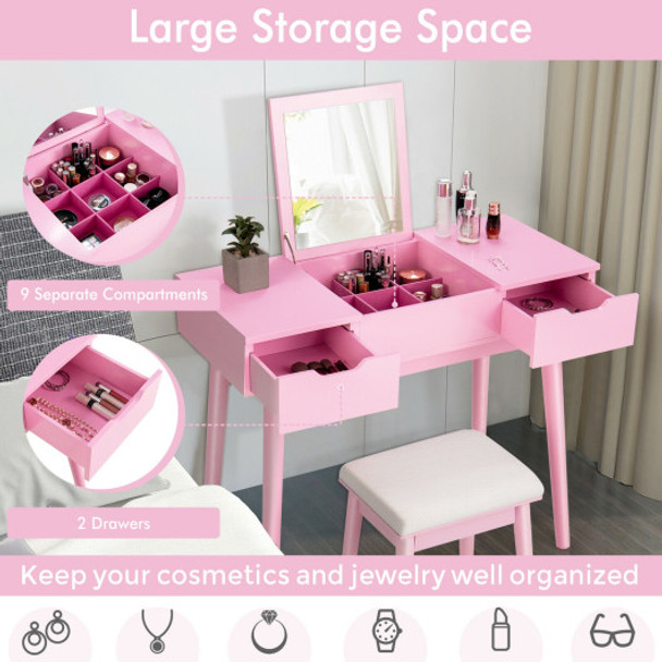 Makeup Vanity Table Set with Flip Top Mirror and 2 Drawers-Pink