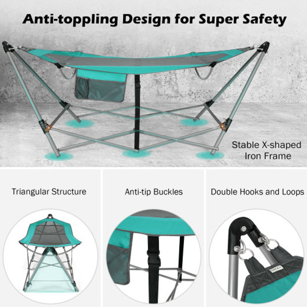 Folding Hammock Indoor Outdoor Hammock with Side Pocket and Iron Stand-Turquoise