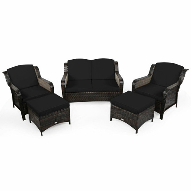 5 Pieces Patio Rattan Sofa Set with Cushion and Ottoman-Black