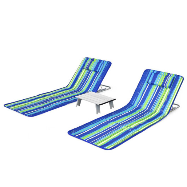 3 Pieces Beach Lounge Chair Mat Set 2 Adjustable Lounge Chairs with Table Stripe-Stripe