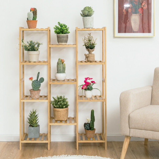 Bamboo 11-Tier Plant Stand Utility Shelf Free Standing Storage Rack Pot Holder-Natural