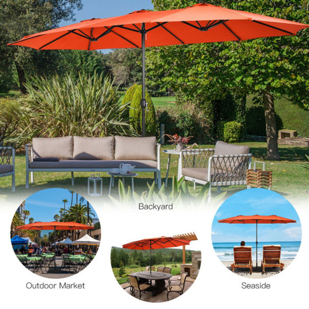 15 Feet Double-Sided Twin Patio Umbrella with Crank and Base Coffee in Outdoor Market-Orange