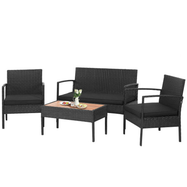 4 Pieces Patio Rattan Furniture Set with Cushioned Chair and Wooden Tabletop