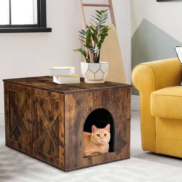 Wooden Hidden Cabinet Cat Furniture with Divider-Coffee