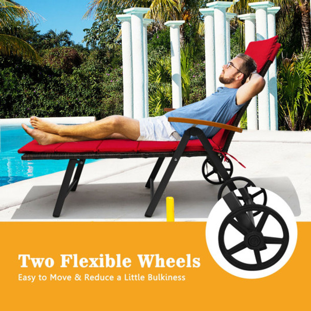 Folding Patio Rattan Lounge Chair with Wheels-Red