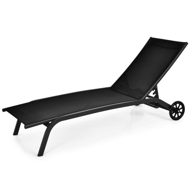 6-Poisition Adjustable Outdoor Chaise Recliner with Wheels-Black