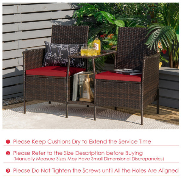 Patio Rattan Wicker Conversation Set Sofa Cushioned Loveseat Glass Table-Red