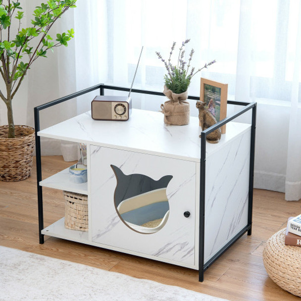 Enclosure Hidden Litter Furniture Cabinet with 2-Tier Storage Shelf-White