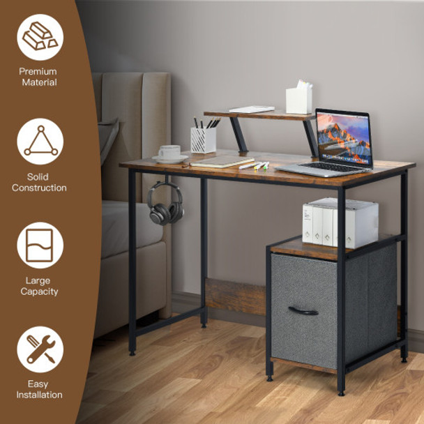 Computer Desk with Reversible Storage Drawer and Moveable Shelf-Brown