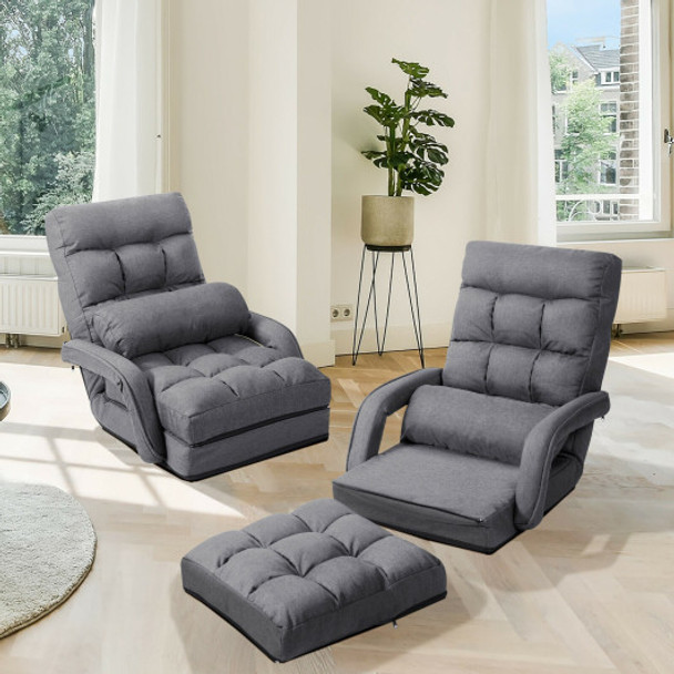 Folding Lazy Floor Chair Sofa with Armrests and Pillow-Gray