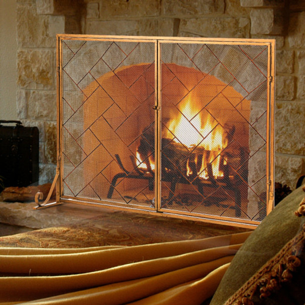 3-Panel Folding Wrought Iron Fireplace Screen with Doors and 4 Pieces Tools Set-Golden