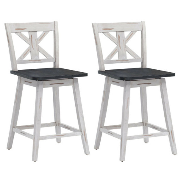Set of 2 Swivel Counter Height Bar Stools with Solid Wood Legs-White