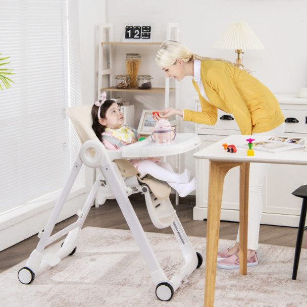 Baby Folding Convertible High Chair with Wheels and Adjustable Height-Beige