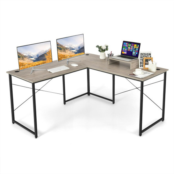 95 Inch 2-Person L-Shaped Long Reversible Computer Desk with Monitor Stand-Gray