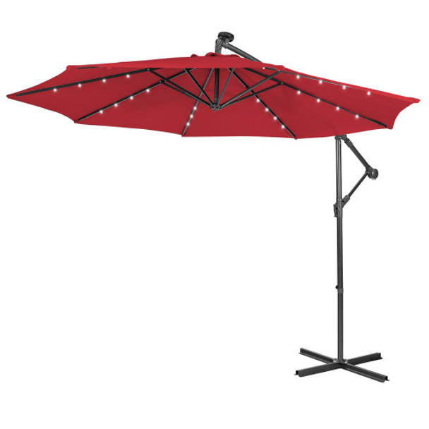 10 Feet Patio Solar Powered Cantilever Umbrella with Tilting System-Red