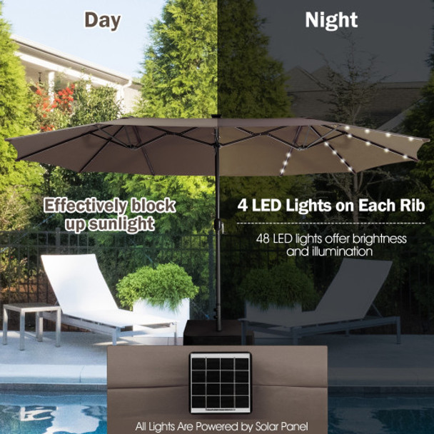 15 Feet Double-Sided Patio Umbrella with 48 LED Lights-Brown