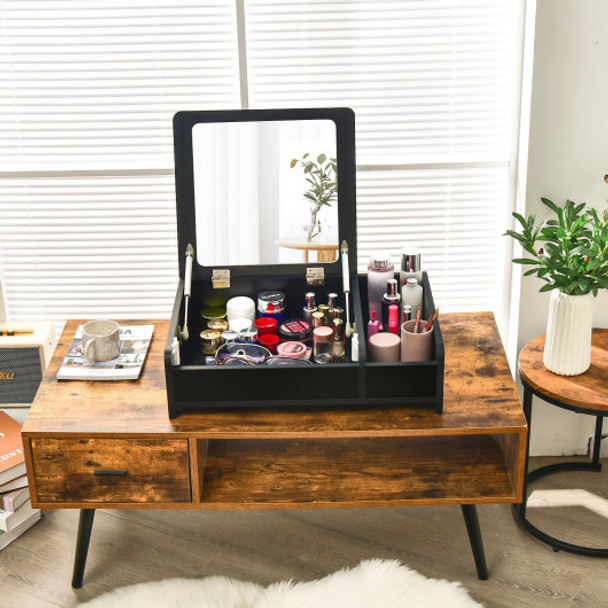 Compact Bay Window Makeup Dressing Table with Flip-Top Mirror-Black