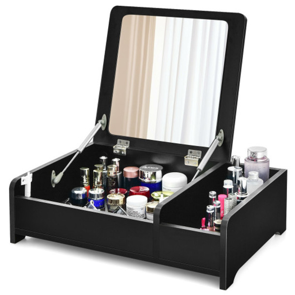 Compact Bay Window Makeup Dressing Table with Flip-Top Mirror-Black