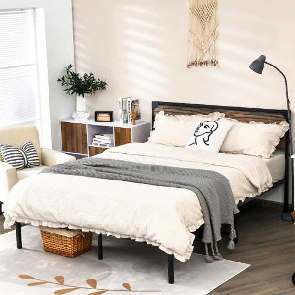 Metal Platform Bed Frame with Wooden Headboard-Queen Size