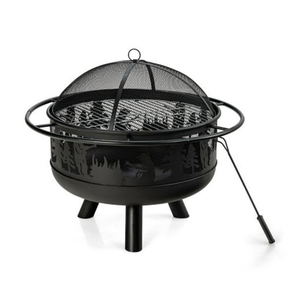 30 Inch Patio Round Fire Pit with  Fire Poker Cooking Grill-Black