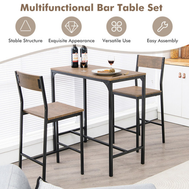 3 Pieces Bar Table Set with 2 Stools-Black