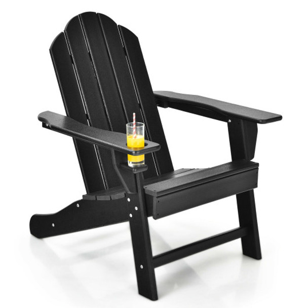 Outdoor Folding Adirondack Chair with Built-in Cup Holder for Backyard and Porch-Black