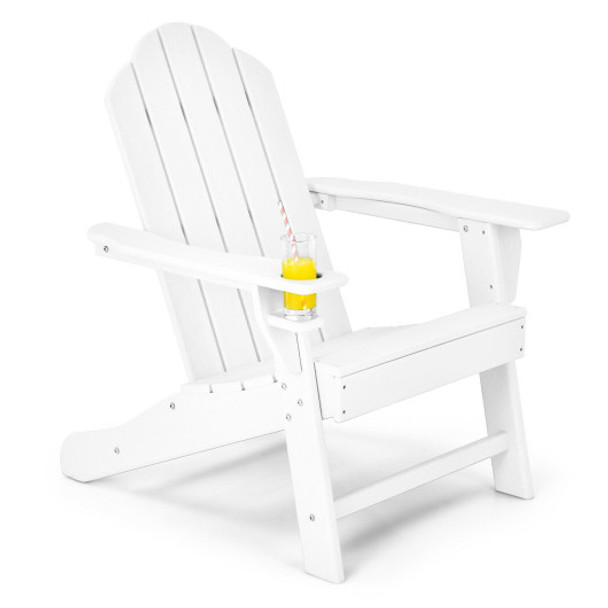 Outdoor Folding Adirondack Chair with Built-in Cup Holder for Backyard and Porch-White