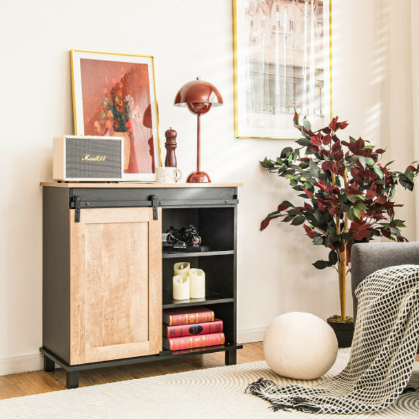 Freestanding Storage Cabinet with Sliding Barn Door-Oak