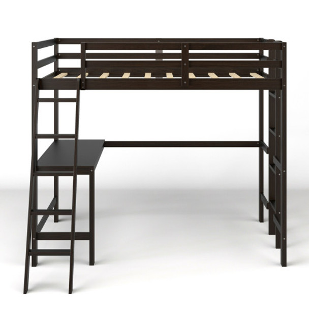 Twin Size Loft Bed Frame with Desk Angled and Built-in Ladder-Espresso