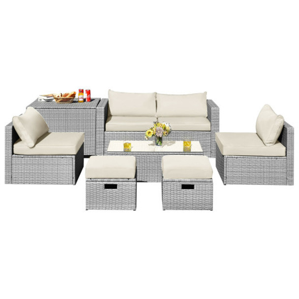 8 Pieces Patio Rattan Furniture Set with Storage Waterproof Cover and Cushion-Off White