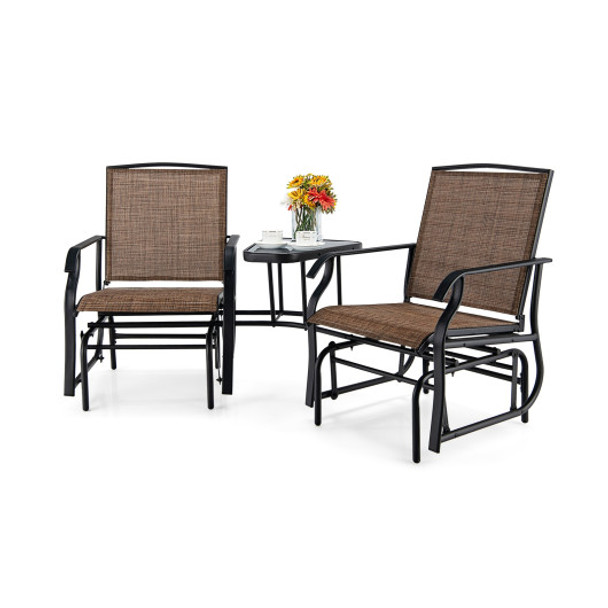 Double Swing Glider Rocker Chair set with Glass Table-Brown