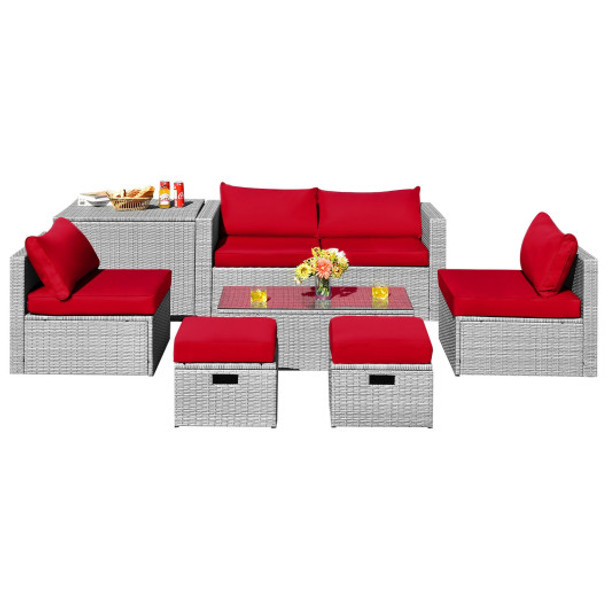 8 Pieces Patio Rattan Furniture Set with Storage Waterproof Cover and Cushion-Red