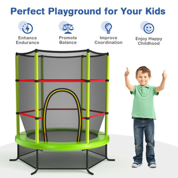 55 Inch Kids Recreational Trampoline Bouncing Jumping Mat with Enclosure Net-Green