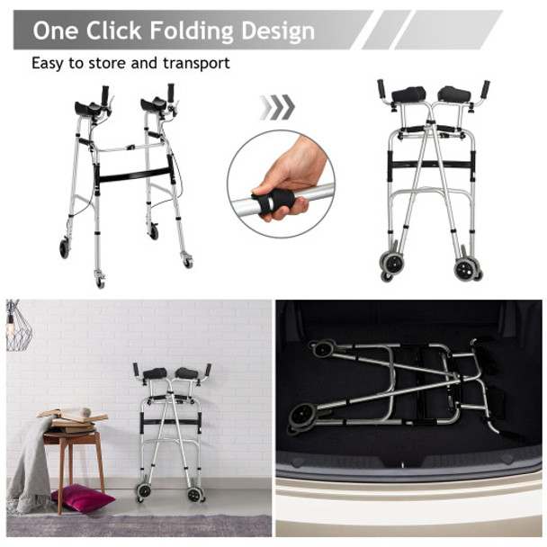 Foldable Standard Walker with 5 Inch Wheels and Padded Armrest