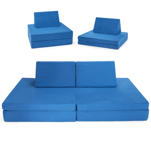 4-Piece Convertible Kids Couch Set with 2 Folding Mats-Blue