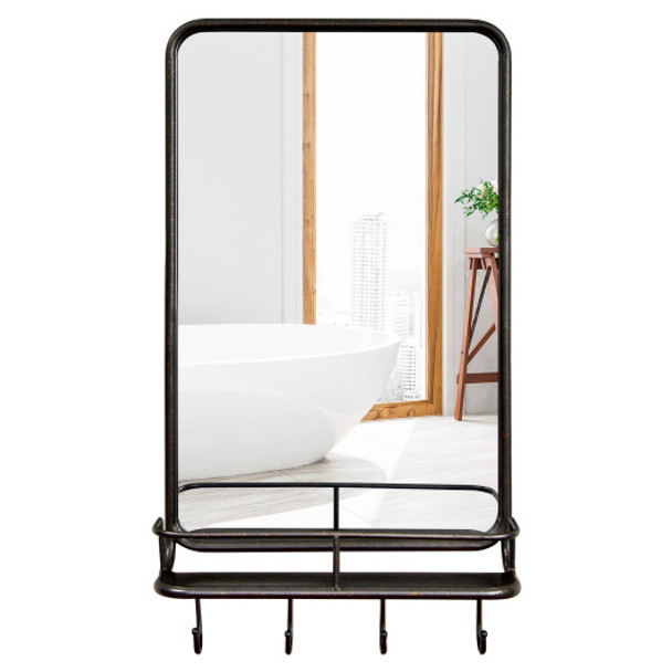 Wall Bathroom Mirror with Shelf Hooks Sturdy Metal Frame for Bedroom Living Room