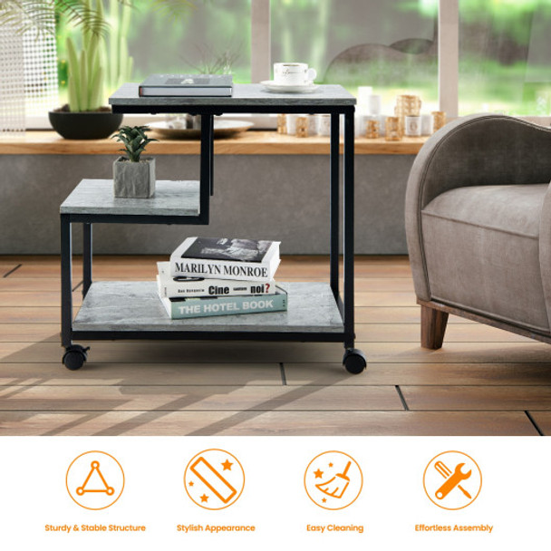 3-Tier Side Table with Storage and Universal Casters for Living Room and Bedroom-Black