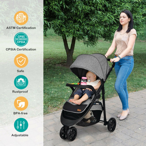 Baby Jogging Stroller with Adjustable Canopy for Newborn-Gray