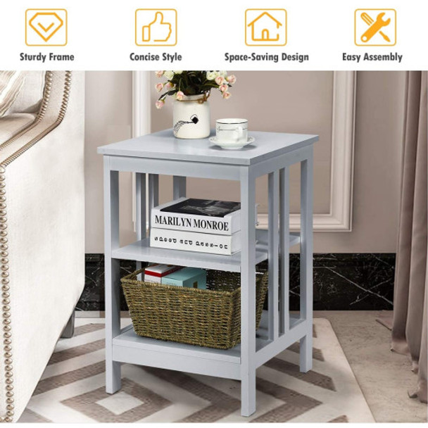 Set of 2 Multifunctional 3-Tier Nightstand Sofa Side Table with Reinforced Bars and Stable Structure -Gray